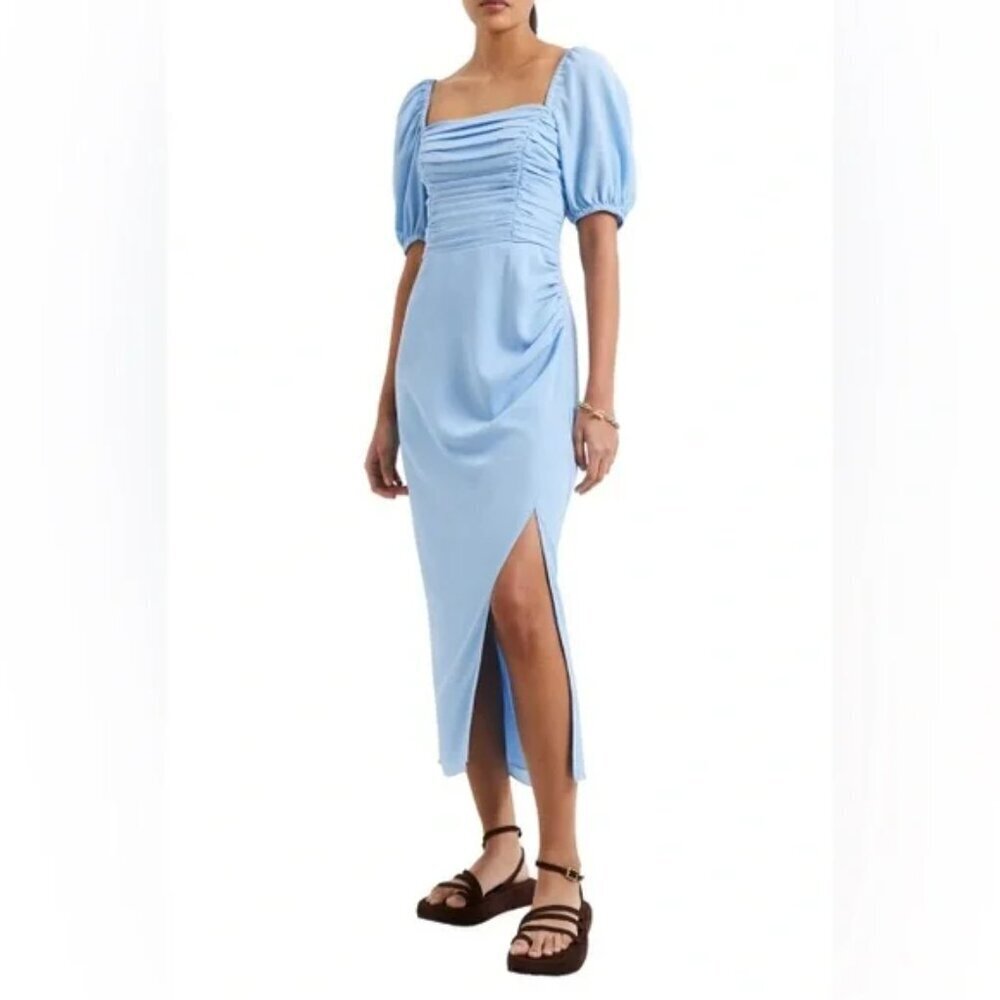French Connection Afina Verona Puff Sleeve Ruched Midi Dress Pale Blue SMALL